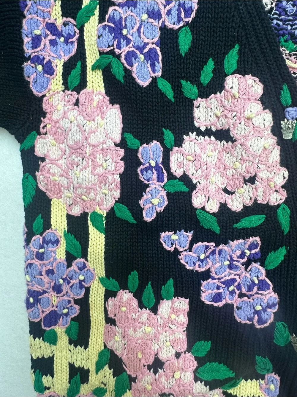 Vintage Hand Knitted Lisa Coufal Floral Sweater 100% Cotton 3D Embroidery Size L